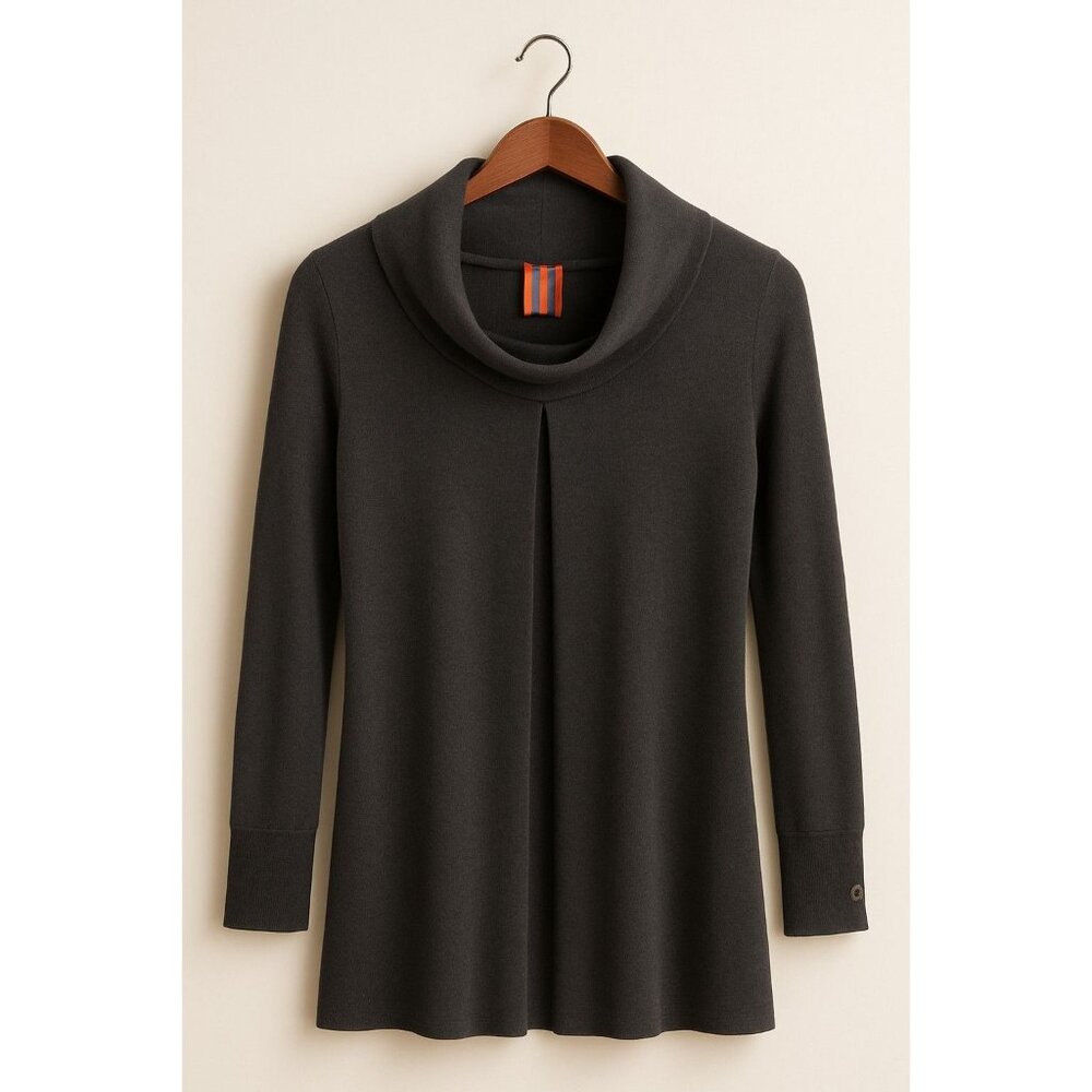 Cop‎ Copine Long-Sleeve Black Cowl Neck Tunic Top Pleated Front Cotton Blend Siz